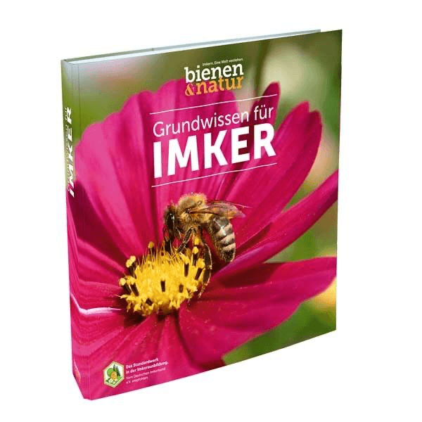 bienen&natur-Schulungsmappe „Grundwissen für Imker“ mit Honigbiene auf einer rosa Blüte
